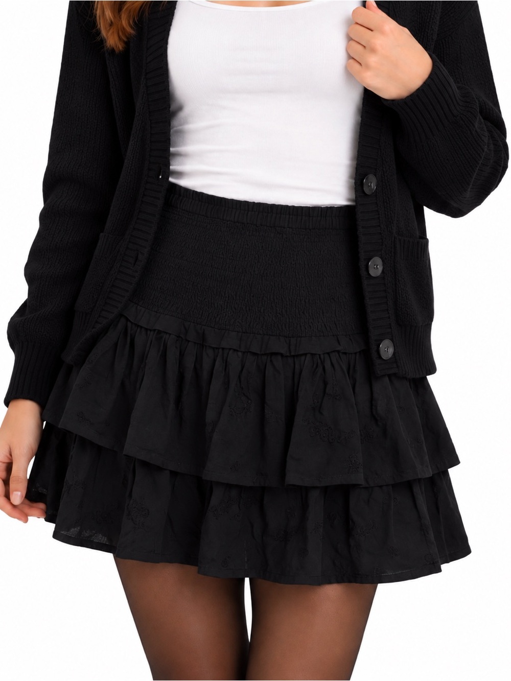 unsubscribed Smocked Tiered Mini Skirt - Size 6 - Black
